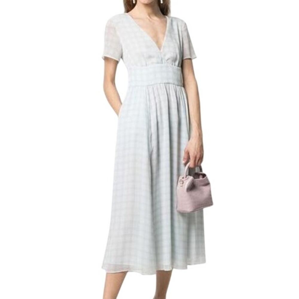 Emporio Armani NWOT Cotton Plaid V-Neck Midi Dress Blue Size 48 (US 14) Chiffon